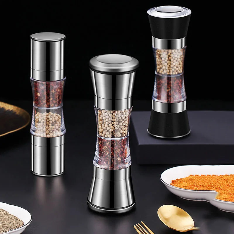Moinho de especiarias duplo 2 em 1, aço inox manual para sal e pimenta com mós cerâmicas