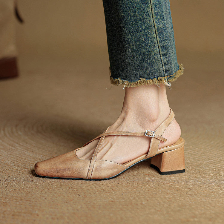 Sapatos salto bloco feminino couro genuíno bico fechado tiras ajustáveis