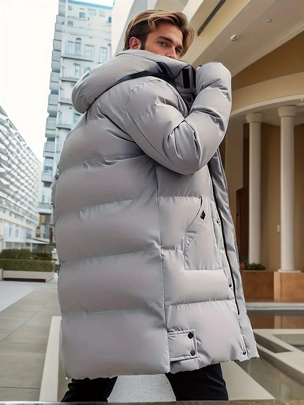 Casaco puffer com capuz masculino comprimento médio acolchoado