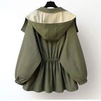 Blusão feminino com capuz design patchwork corta-vento leve