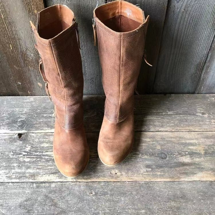 Botas de outono femininas cano alto couro resistente à água estilo ocidental