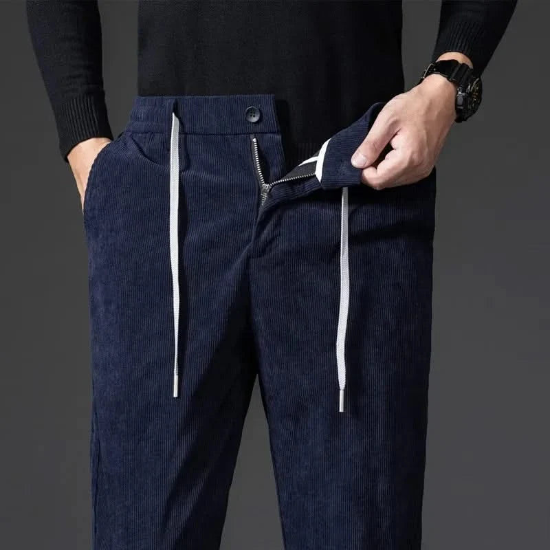 Calças chino corduroy corte slim com cordão ajustável para homem