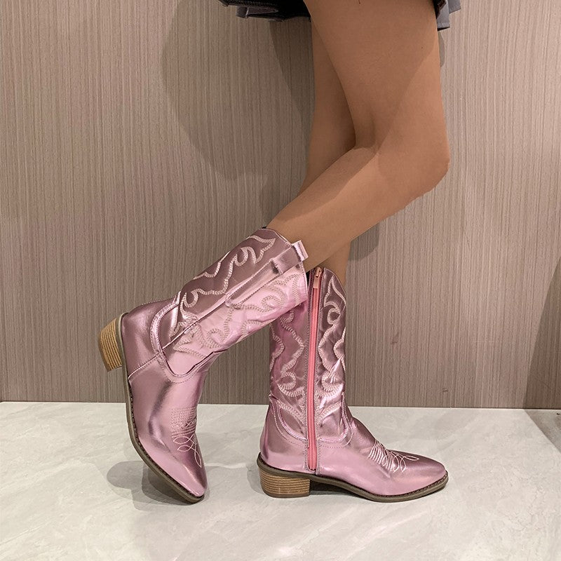 Botas femininas metálicas com acabamento brilhante em prata dourado rosa e preto