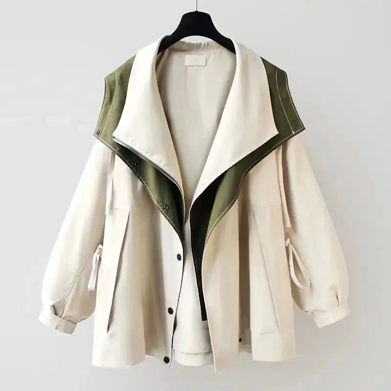 Blusão feminino com capuz design patchwork corta-vento leve