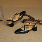 Sapatos salto bloco feminino couro genuíno bico fechado tiras ajustáveis