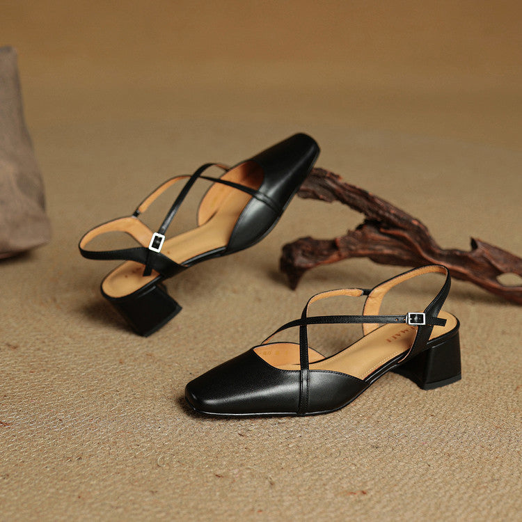 Sapatos salto bloco feminino couro genuíno bico fechado tiras ajustáveis
