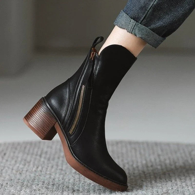 Botins de salto alto femininos em couro com fecho de correr lateral