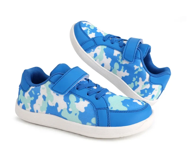 Sapatilhas barefoot infantis respiráveis e leves com velcro, bico largo e design zero-drop