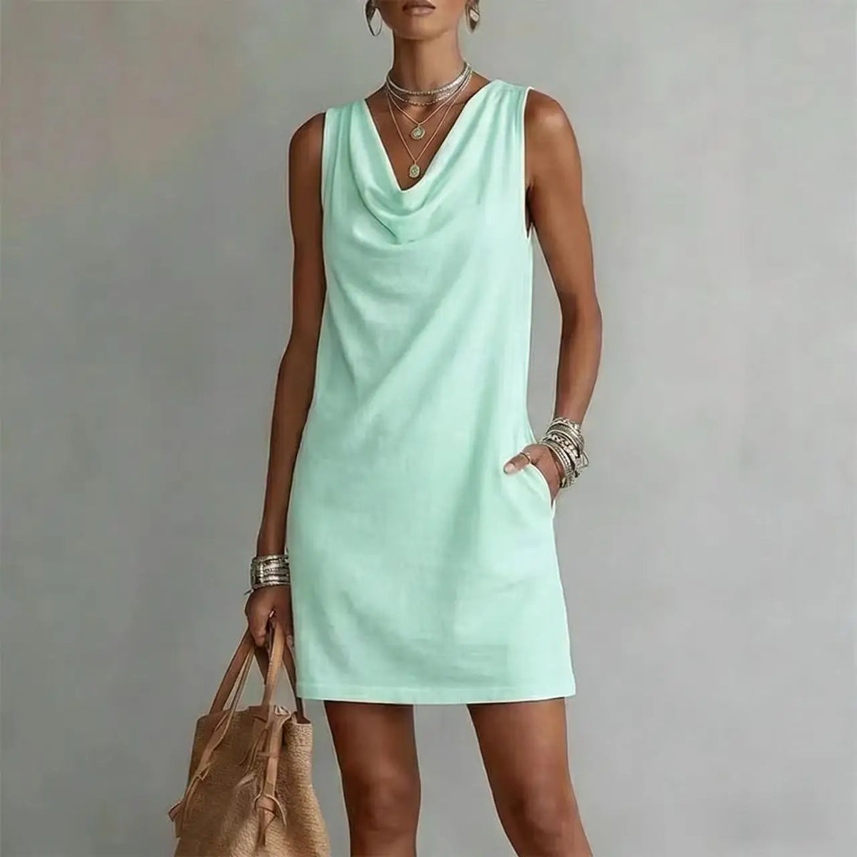 Vestido mini feminino decote drapeado sem mangas silhueta A-line com bolsos laterais