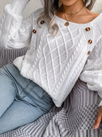 Camisola feminina algodão padrão torcido com botões decorativos manga comprida