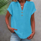 Camisa de linho feminina com decote V e botões corte solto