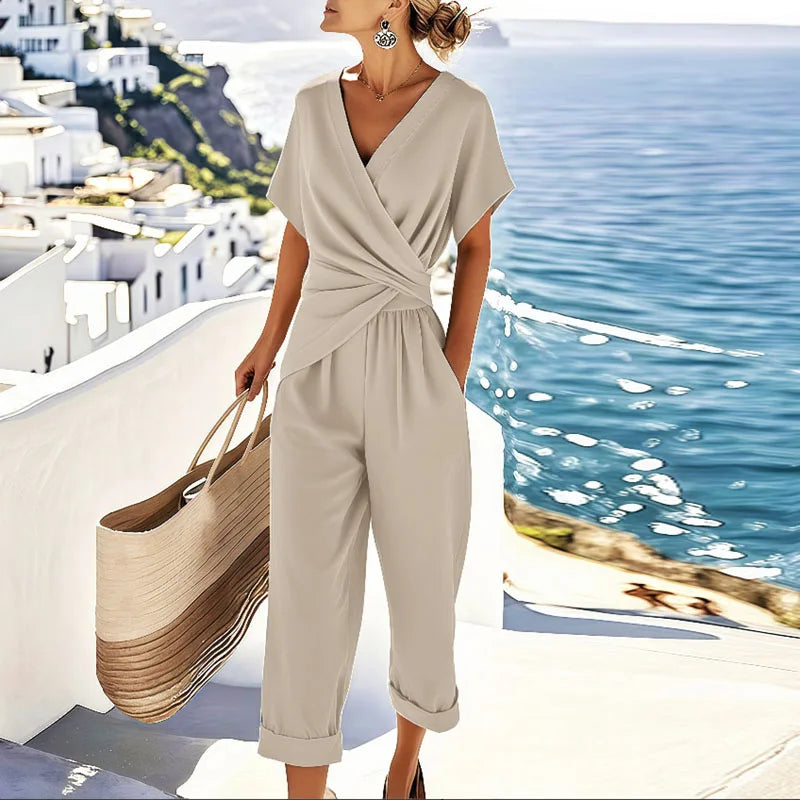 Conjunto feminino 2 peças com top frente cruzada e calça cropped