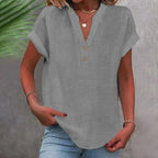 Camisa de linho feminina com decote V e botões corte solto