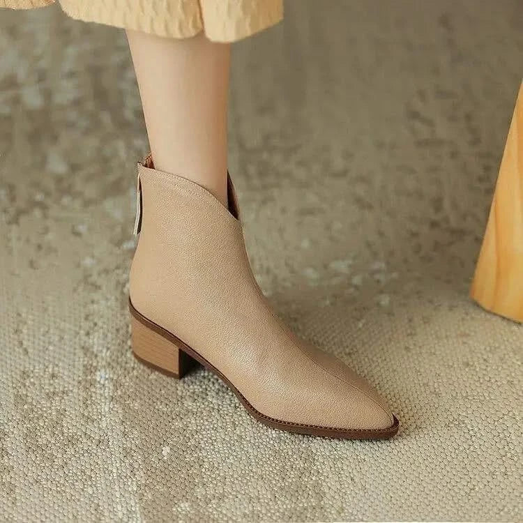 Botas femininas de tornozelo couro vegano bico fino com zíper traseiro