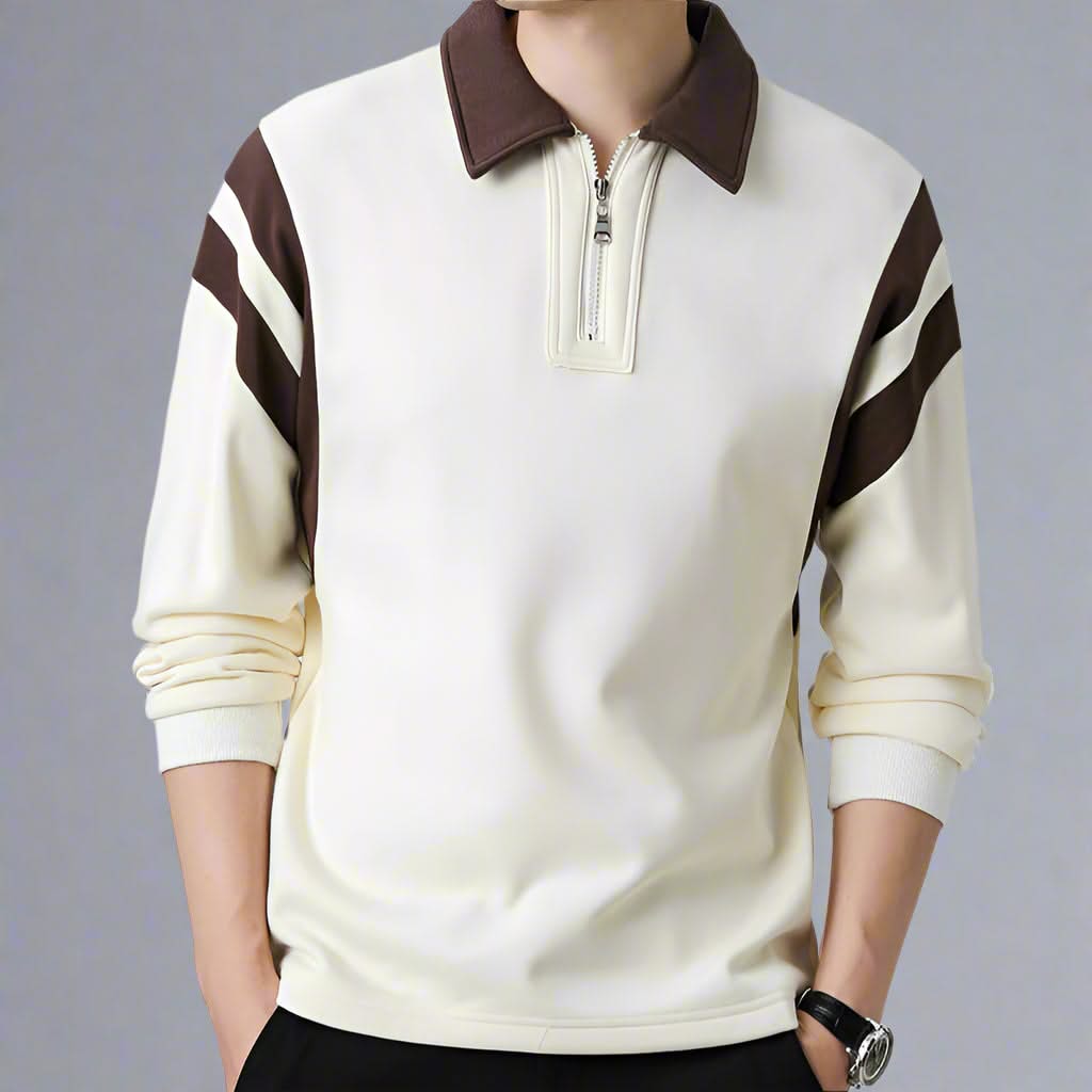 Polo manga longa com zíper e design color block para homem