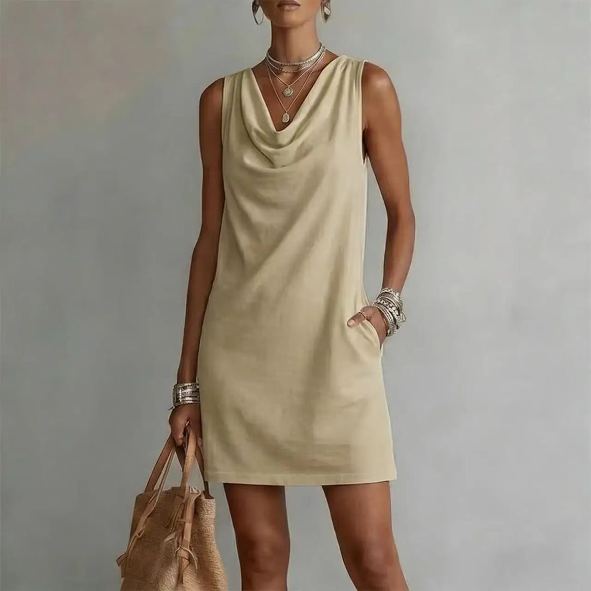 Vestido mini feminino decote drapeado sem mangas silhueta A-line com bolsos laterais