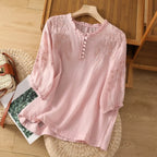 Blusa feminina bordada corte relaxado manga curta decote redondo