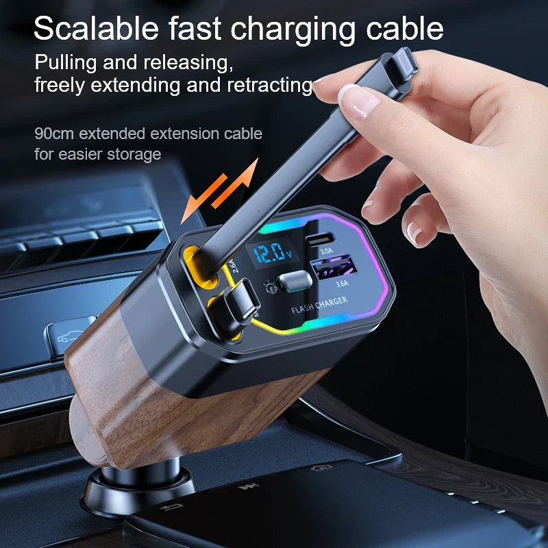 Carregador veicular 4 em 1 retrátil 120W com USB-C e adaptador de isqueiro