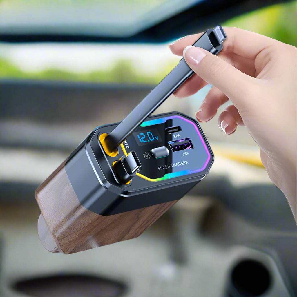 Carregador veicular 4 em 1 retrátil 120W com USB-C e adaptador de isqueiro