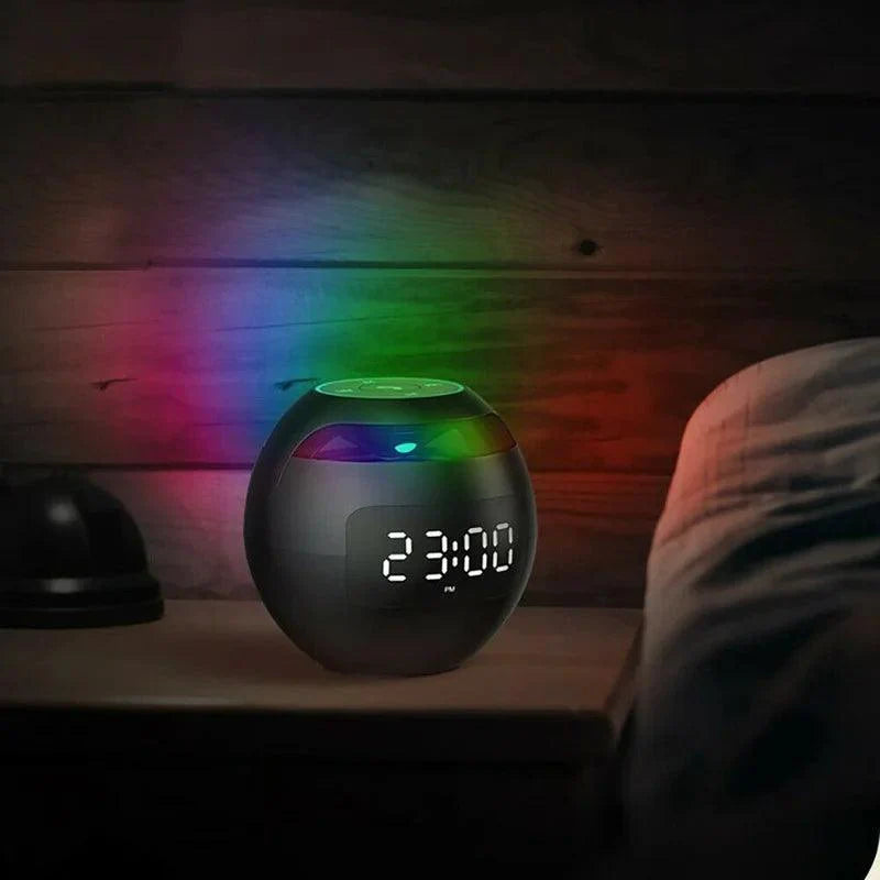 Colunas Bluetooth com relógio digital, despertador e luz LED para quarto