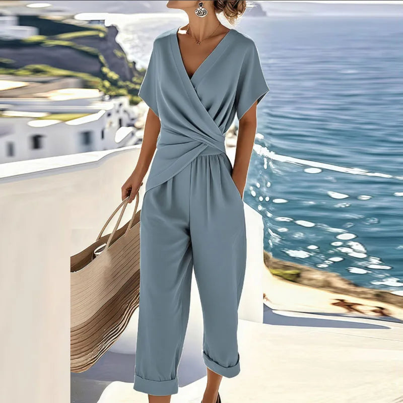 Conjunto feminino 2 peças top transpassado e calça pantalona afunilada