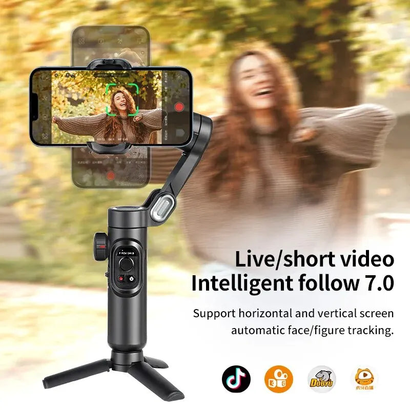 Gimbal estabilizador smartphone 3 eixos com AI tracking e deteção facial, cor preta