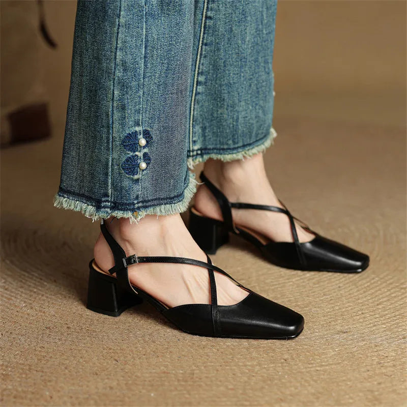 Sapatos salto bloco feminino couro genuíno bico fechado tiras ajustáveis