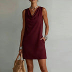 Vestido mini feminino decote drapeado sem mangas silhueta A-line com bolsos laterais