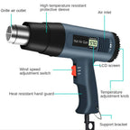 Pistola de calor elétrica industrial 2000W com ecrã LCD digital e temperatura ajustável 60-650°C
