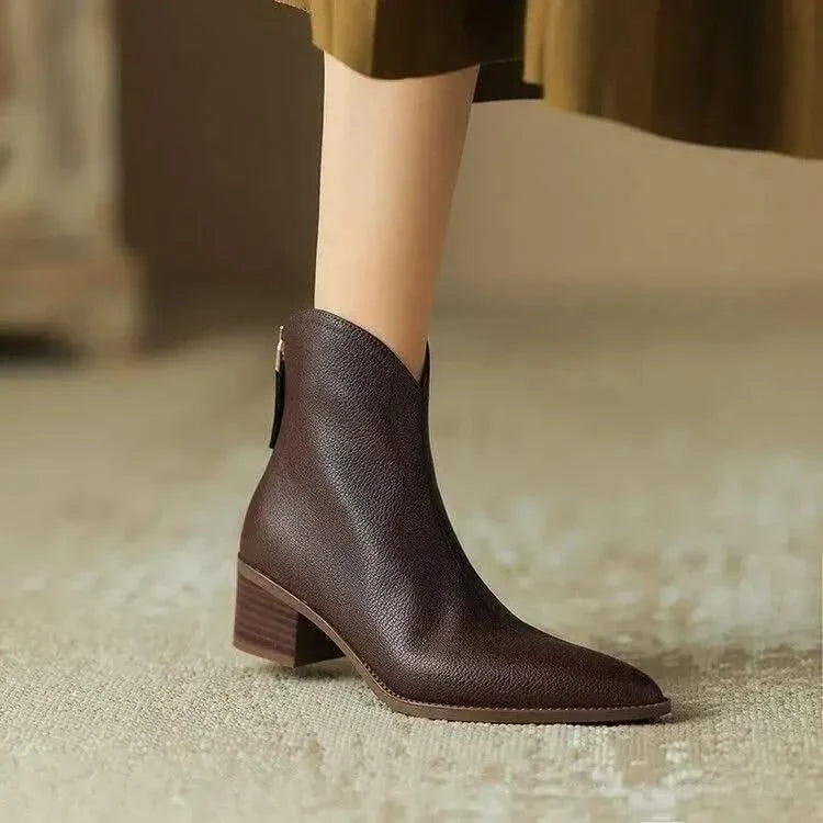 Botas femininas de tornozelo couro vegano bico fino com zíper traseiro