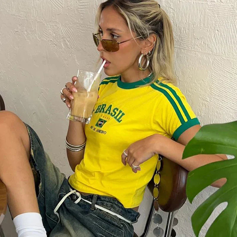 Cropped shirt mulher estampado Brazil slim fit