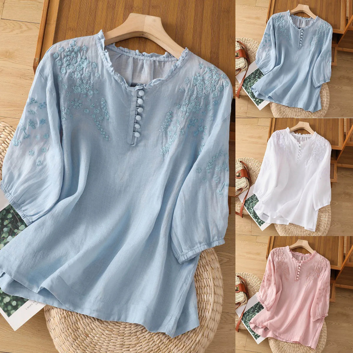 Blusa feminina bordada corte relaxado manga curta decote redondo