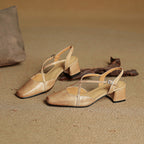 Sapatos salto bloco feminino couro genuíno bico fechado tiras ajustáveis