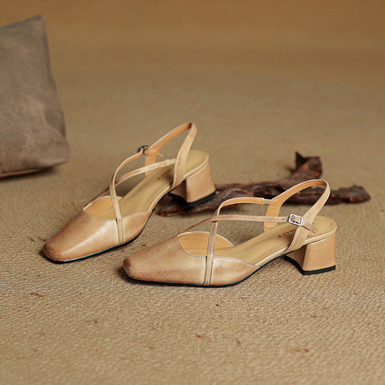 Sapatos salto bloco feminino couro genuíno bico fechado tiras ajustáveis