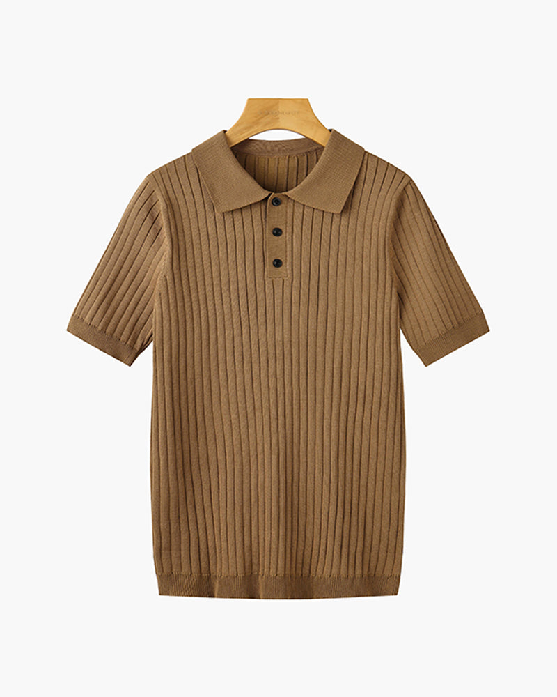 Polo masculina tricot algodão canelada com colarinho e botões manga curta