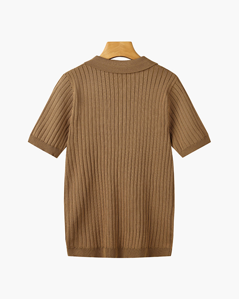 Polo masculina tricot algodão canelada com colarinho e botões manga curta