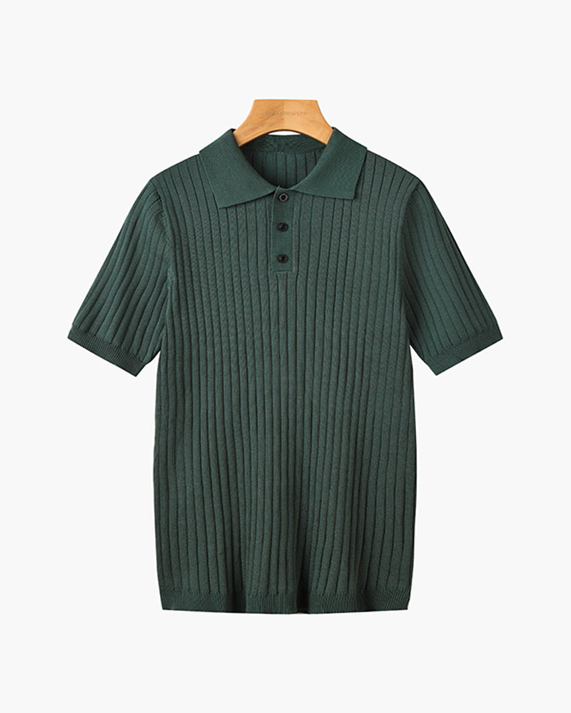 Polo masculina tricot algodão canelada com colarinho e botões manga curta