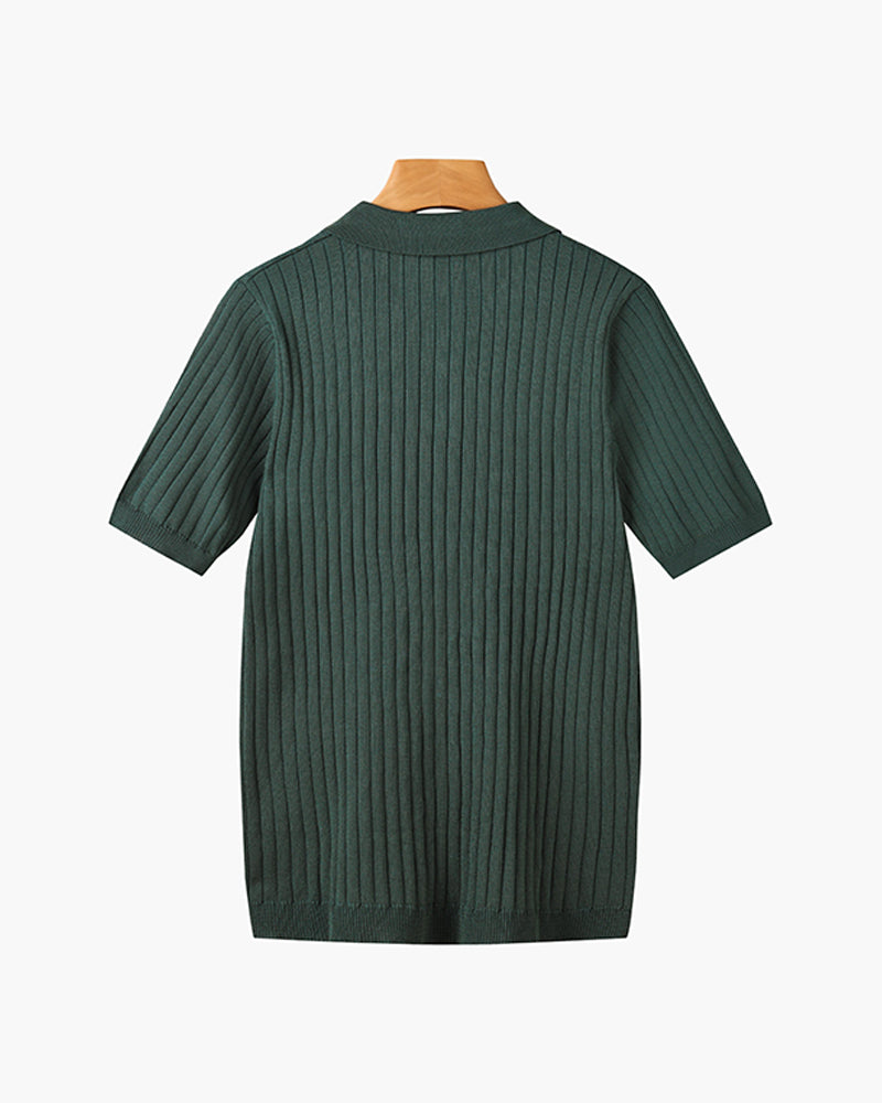 Polo masculina tricot algodão canelada com colarinho e botões manga curta