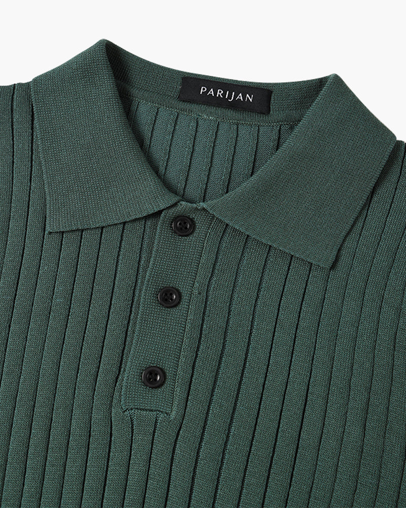 Polo masculina tricot algodão canelada com colarinho e botões manga curta