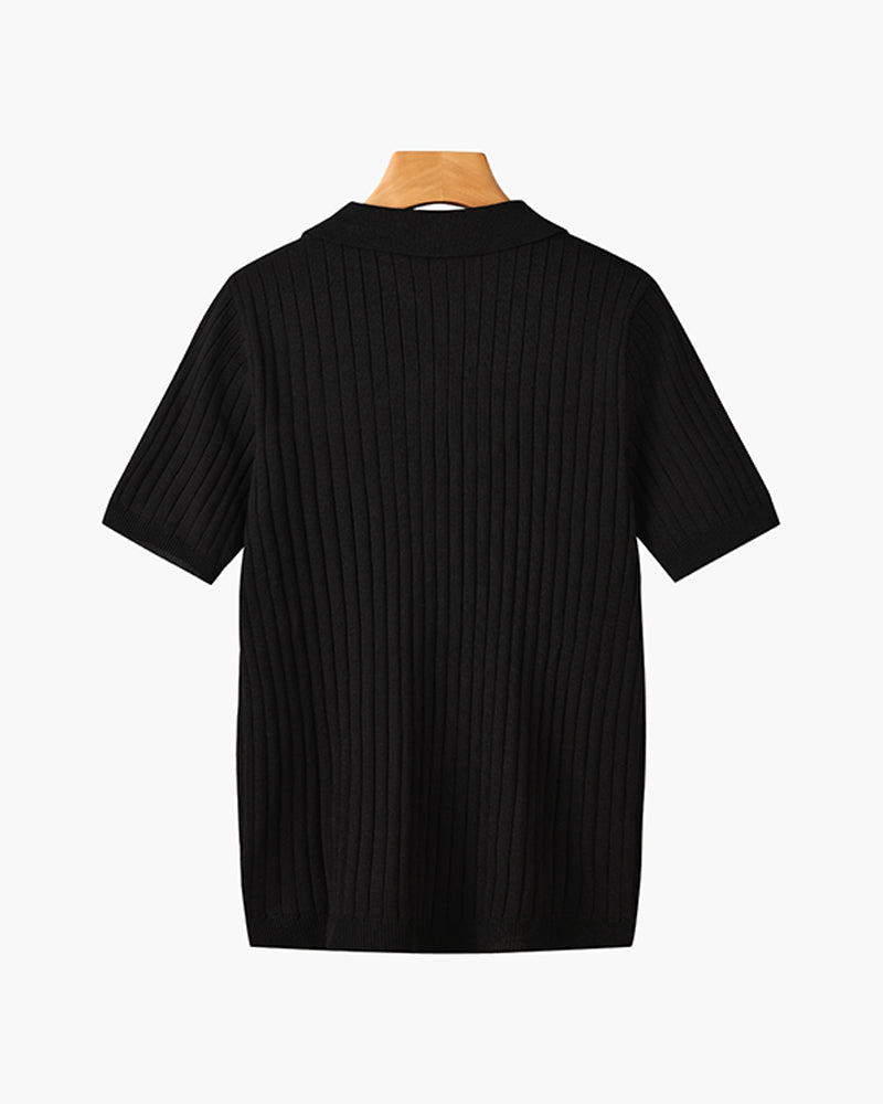 Polo masculina tricot algodão canelada com colarinho e botões manga curta