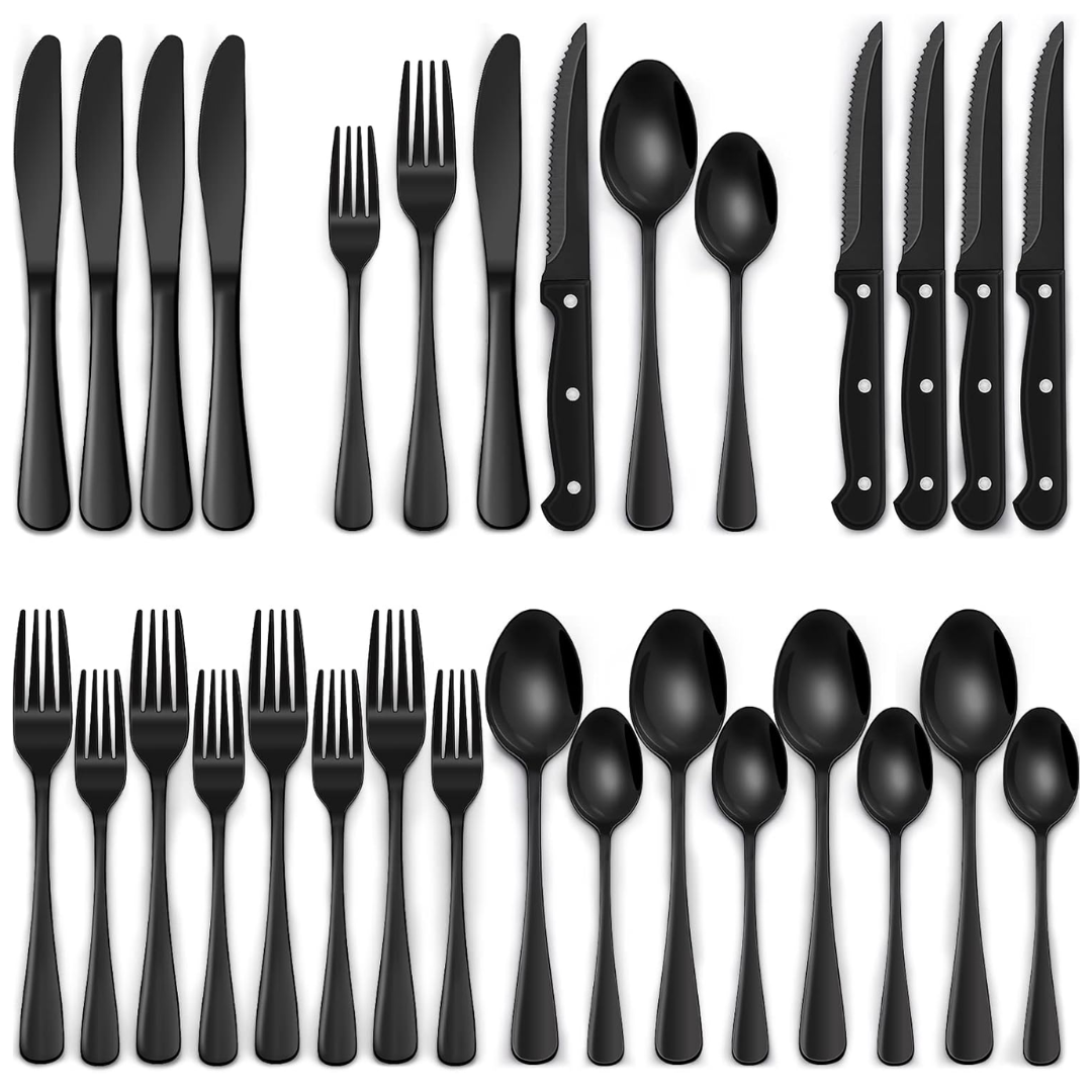 Conjunto de talheres pretos 24 peças aço inoxidável para 4 pessoas, moderno
