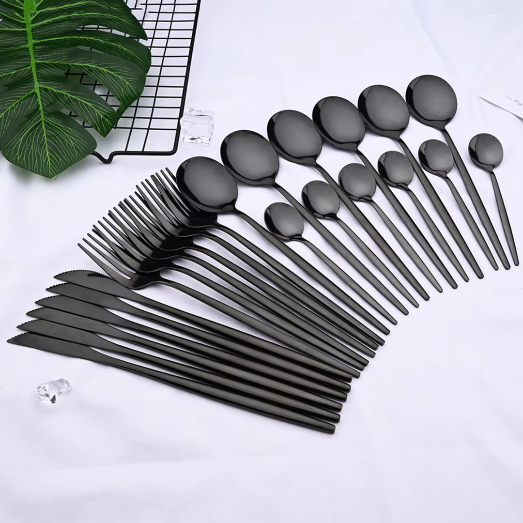 Conjunto de talheres pretos 24 peças aço inoxidável para 4 pessoas, moderno
