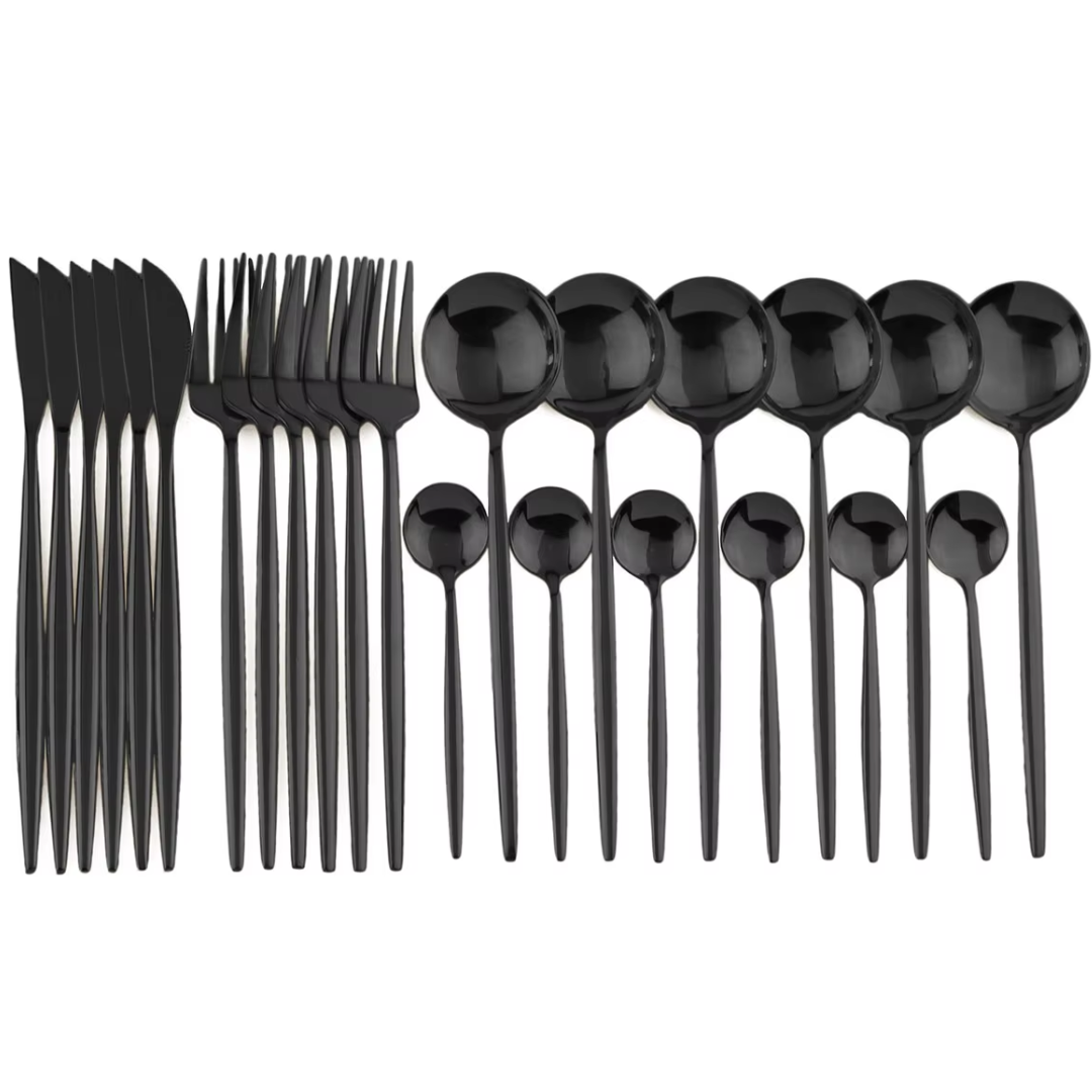 Conjunto de talheres pretos 24 peças aço inoxidável para 4 pessoas, moderno