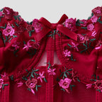 Top corset feminino bordado floral com renda e painéis de tule ajustável