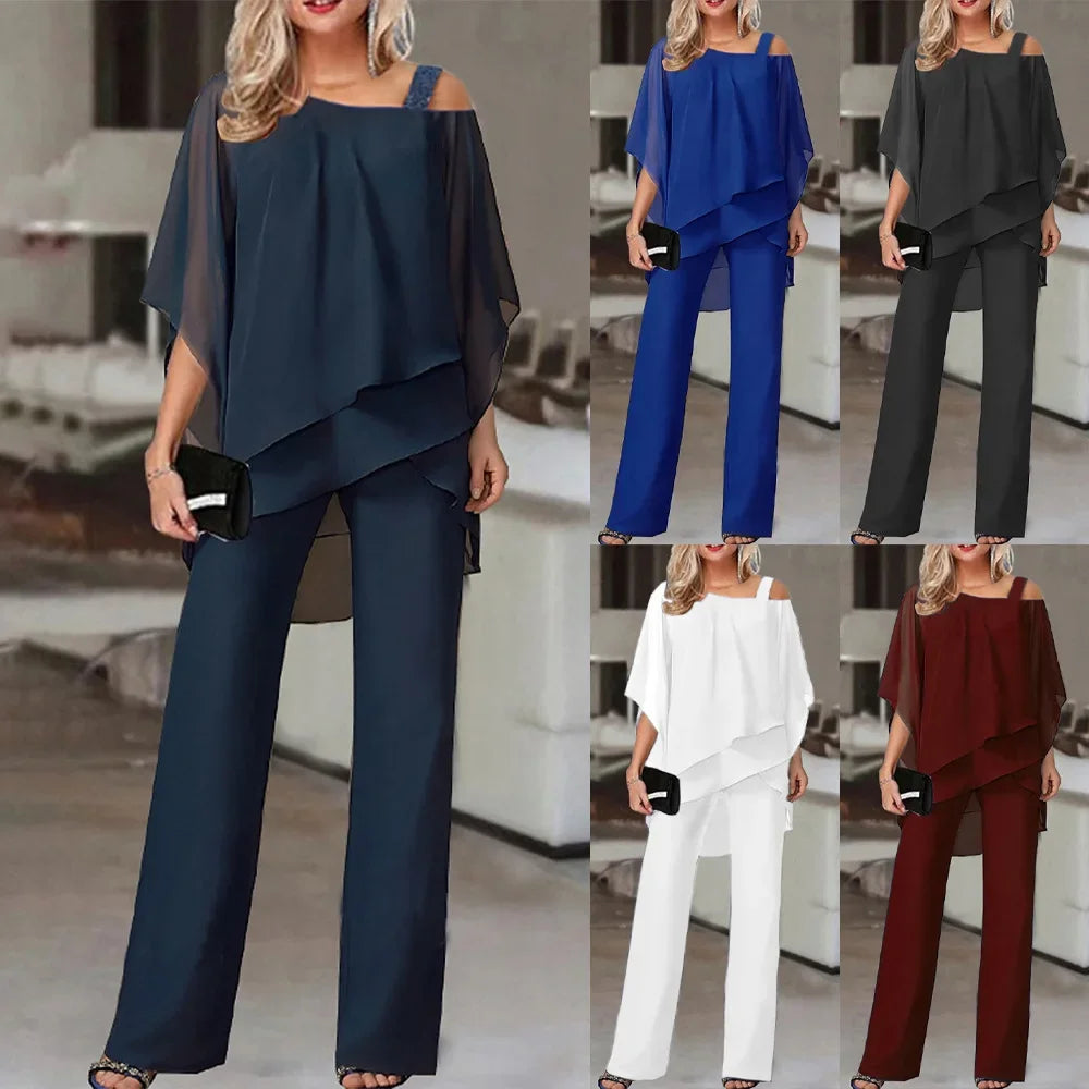 Conjunto feminino dois peças off-shoulder com calça ajustada em cores vibrantes