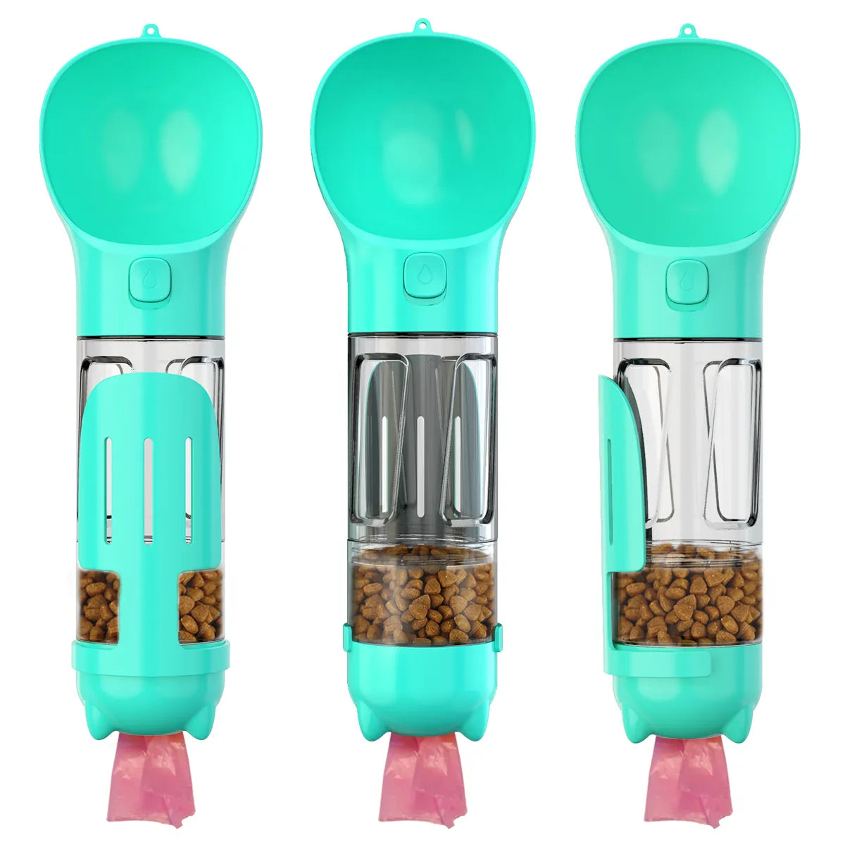 Garrafa de água para cães 3 em 1 com dispensador de sacos e armazenamento de comida, sem BPA, portátil