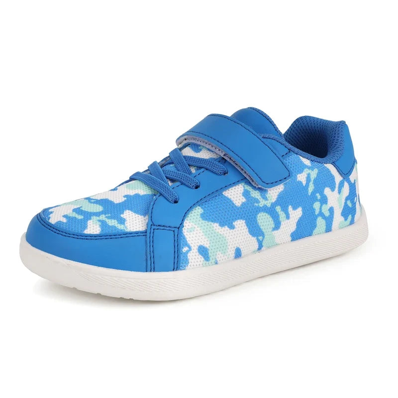 Sapatilhas barefoot infantis respiráveis e leves com velcro, bico largo e design zero-drop