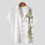 Camisa masculina havaiana linho floral manga curta com botões