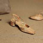 Sapatos salto bloco feminino couro genuíno bico fechado tiras ajustáveis