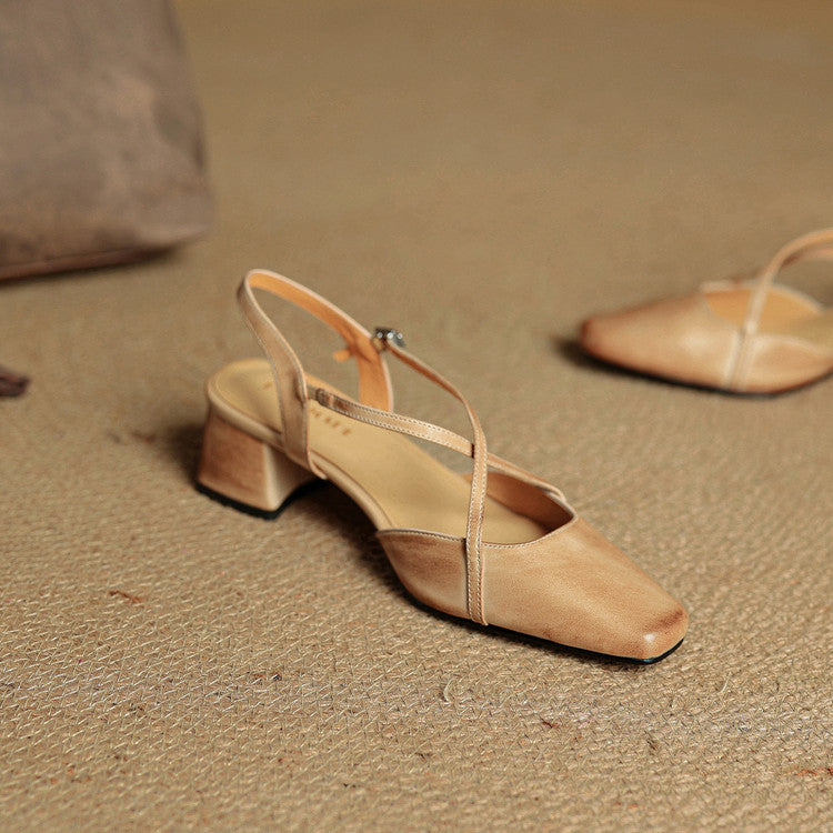 Sapatos salto bloco feminino couro genuíno bico fechado tiras ajustáveis